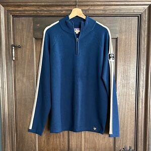 Navy Zip-Up Sweater with White Stripes